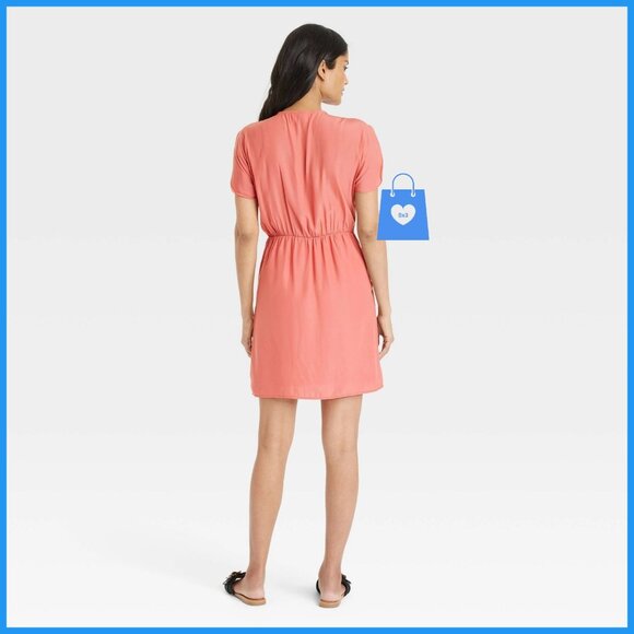 Small - Womens Tie-Front Flutter Short Sleeve Mini A-Line Dress - Pink - Picture 6 of 6